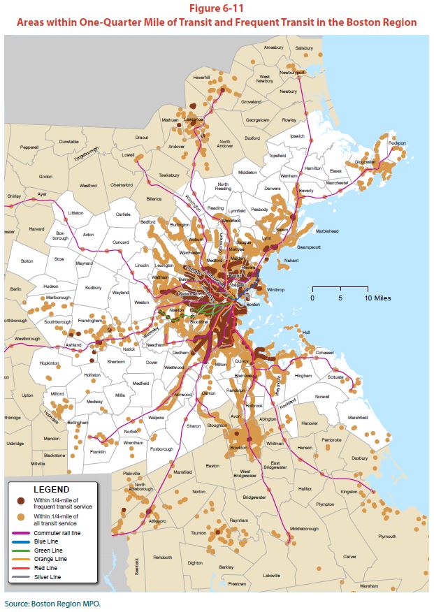 Areas within One-Quarter Mile of Transit and Frequent Transit in the Boston Region