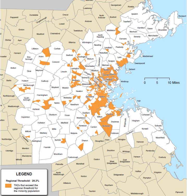 Areas that exceed the regional threshold for the minority population